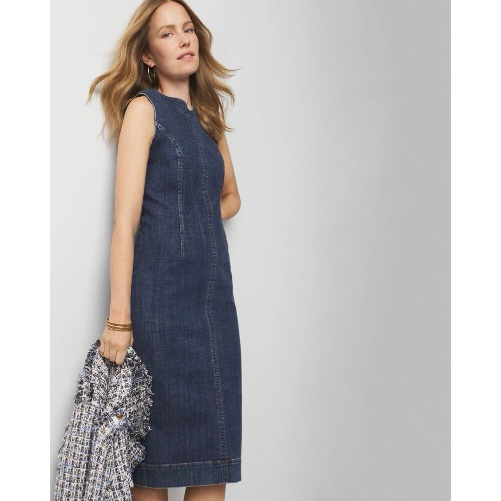 Anthropologie WHBM Women’s SL Denim Mini Sheath Dress Med Wash Sleeveless Sz 6 - Picture 3 of 16